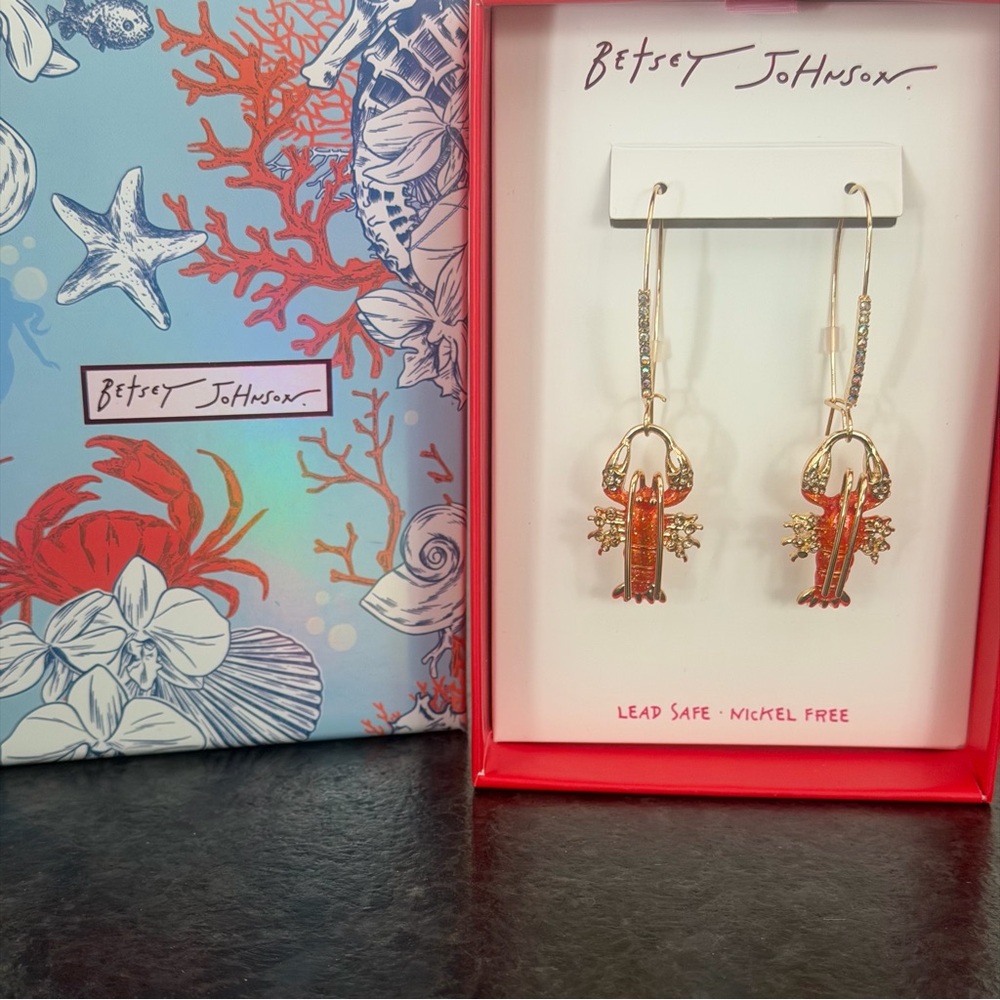 Betsey Johnson Mermaid Jewels Lobster Dangle Hoop Earrings Rhinestone Gold Tone